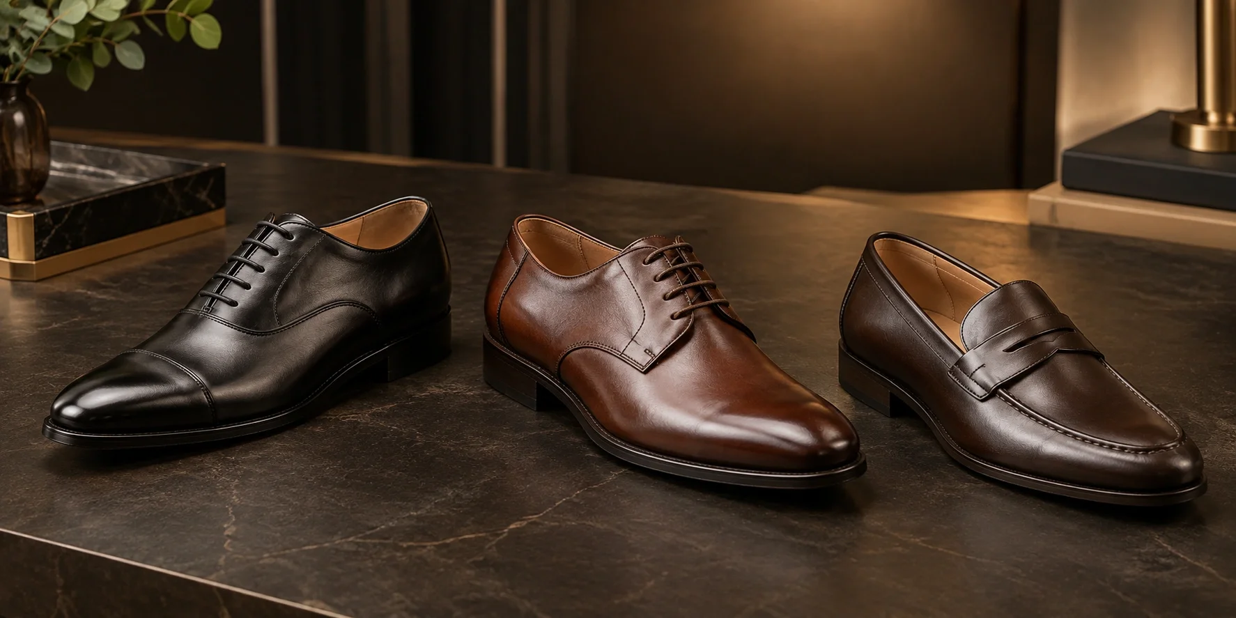 Formal shoes including Oxford, Derby, and loafer styles
