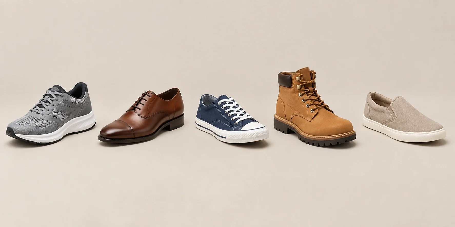 A variety of shoe categories including athletic, formal, and casual footwear