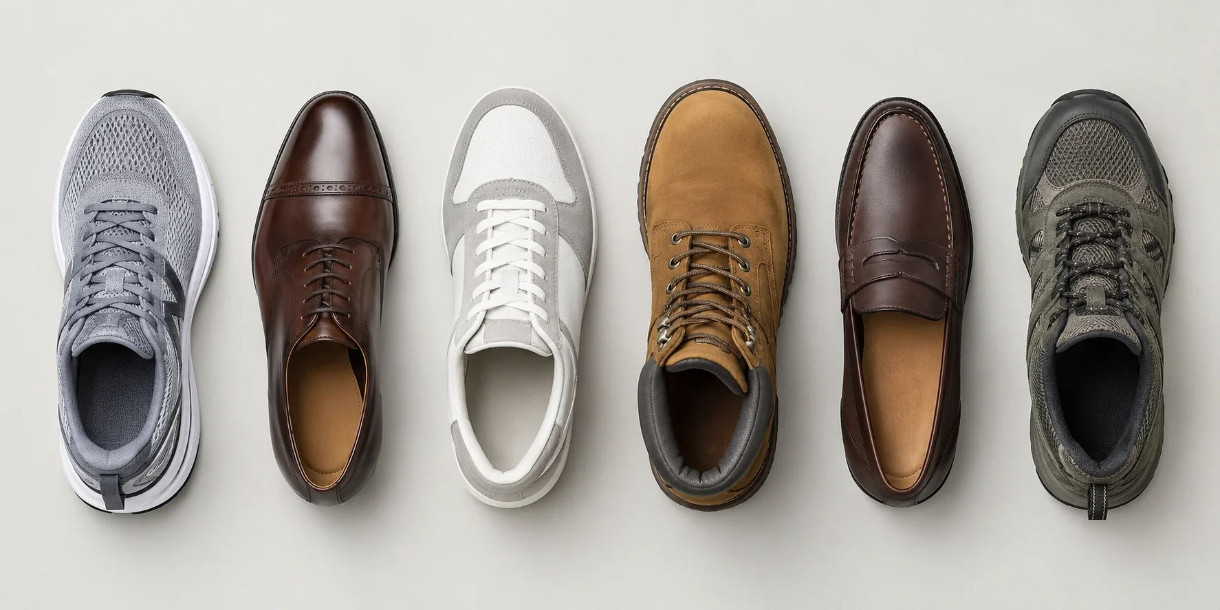 Various types of shoes arranged by category including athletic, formal, and casual footwear