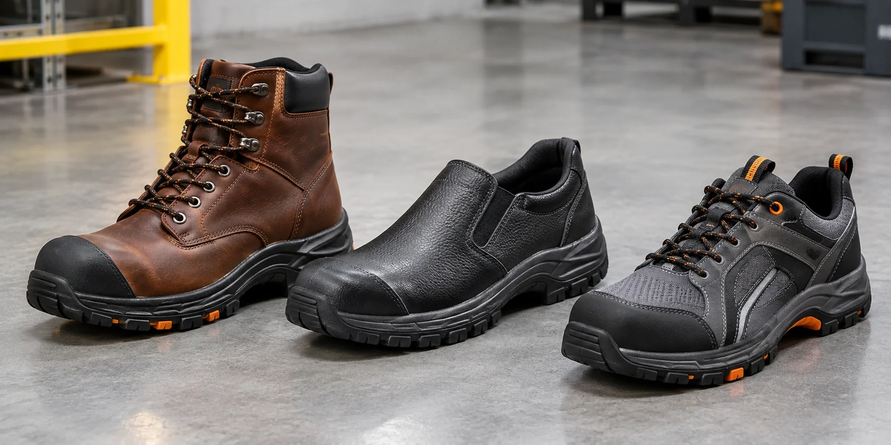 Work and safety shoes including steel toe and slip-resistant footwear